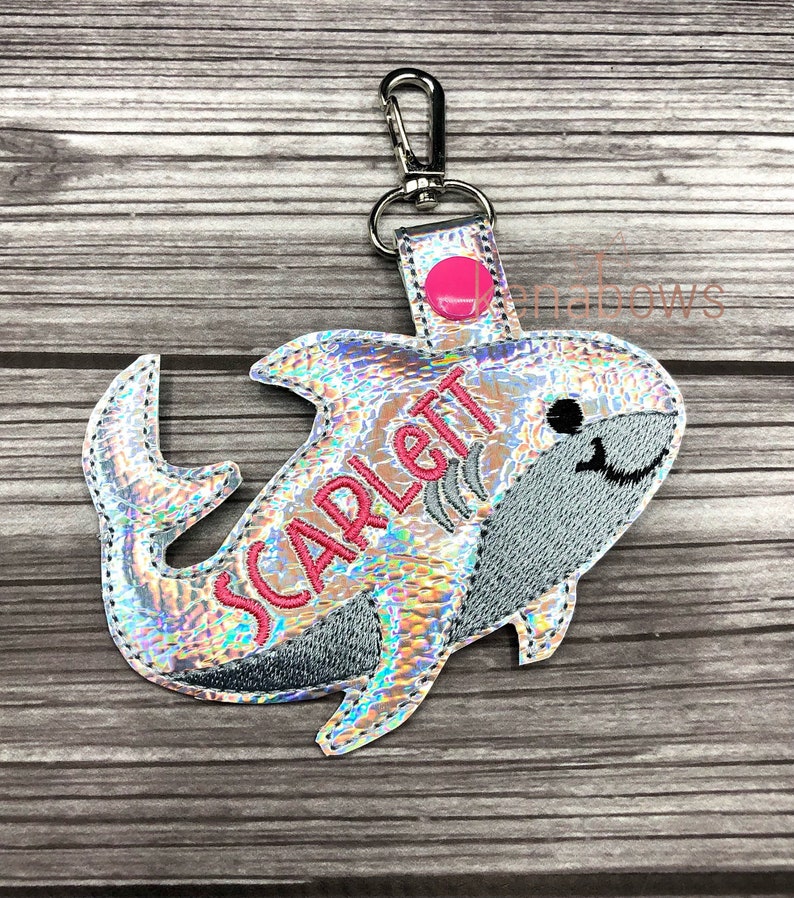 Shark Personalized Name Tag, School Backpack Tag, Blue Shark Snap Tab, Sports Bag Key Fob, Key Chain, Lunch Box Tag, Gym Bag, Diaper Bag Tag image 5