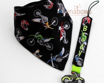 Motorcycle Bandana Bib, Baby Boy Bib, Dirt Bike, Personalized Pacifier Clip, Baby Shower Gift, 1st Birthday Boy, Motocross