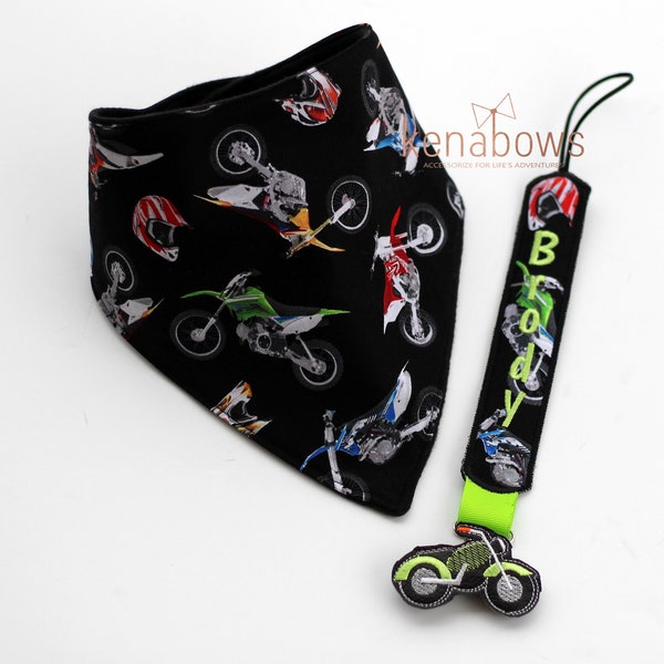 Motorcycle Bandana Bib, Baby Boy Bib, Dirt Bike, Personalized Pacifier Clip, Baby Shower Gift, 1st Birthday Boy, Motocross