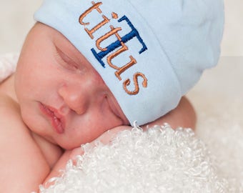 Newborn Baby Boy Hat - Blue Cotton Beanie Hat - Personalized Baby Shower Gift - Infant Boy Hat