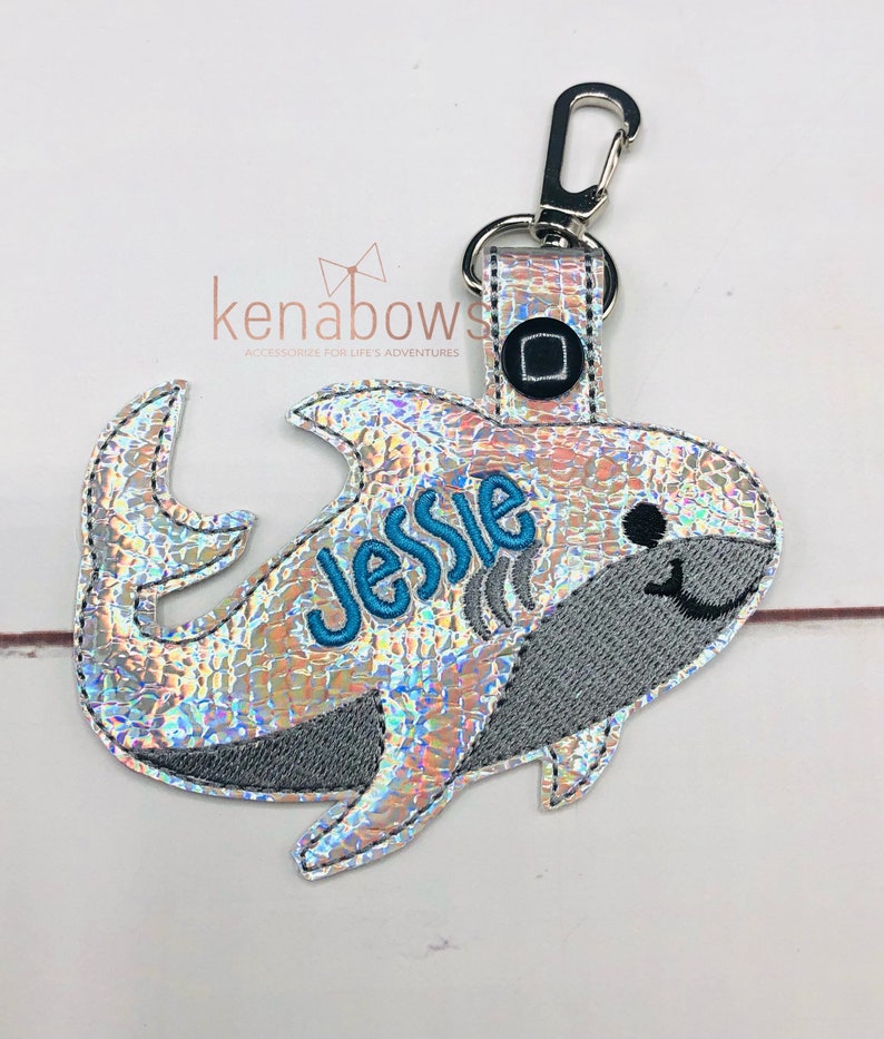 Shark Personalized Name Tag, School Backpack Tag, Blue Shark Snap Tab, Sports Bag Key Fob, Key Chain, Lunch Box Tag, Gym Bag, Diaper Bag Tag image 4