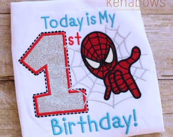 Spider-Man Birthday Shirt, 1st Birthday Embroidered Shirt, Superhero Birthday, Birthday Boy, Web, Silver Glitter