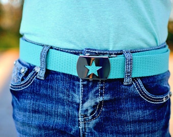 Aqua Belt, Silver Star Buckle Belt, Turquoise Blue Child Belt, Cotton Belt, Military Style Slider Belt, Girl, School Belt, Birthday Gift