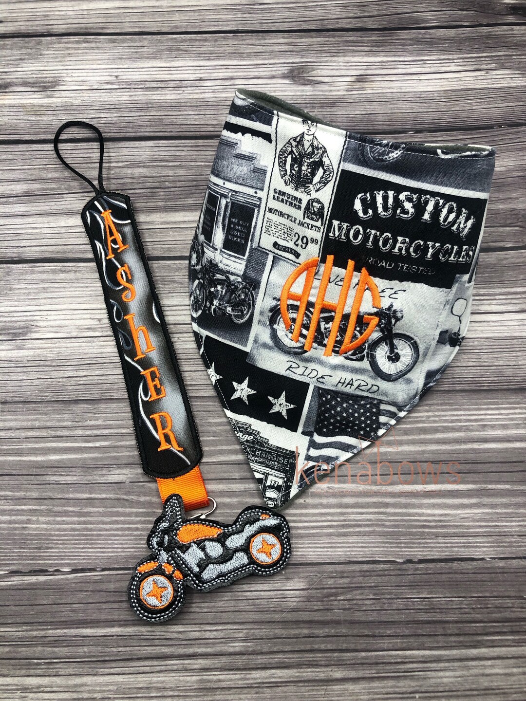 Motorcycle Bandana Bib, Pacifier Clip, Harley Orange, Black, Flames, Baby Boy, Baby Girl