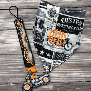 Motorcycle Bandana Bib, Pacifier Clip, Harley Orange, Black, Flames, Baby Boy, Baby Girl, Personalized Binky Holder, Universal Pacifier Keep image 1