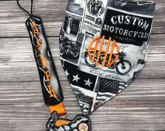 Motorcycle Bandana Bib, Pacifier Clip, Harley Orange, Black, Flames, Baby Boy, Baby Girl, Personalized Binky Holder, Universal Pacifier Keep