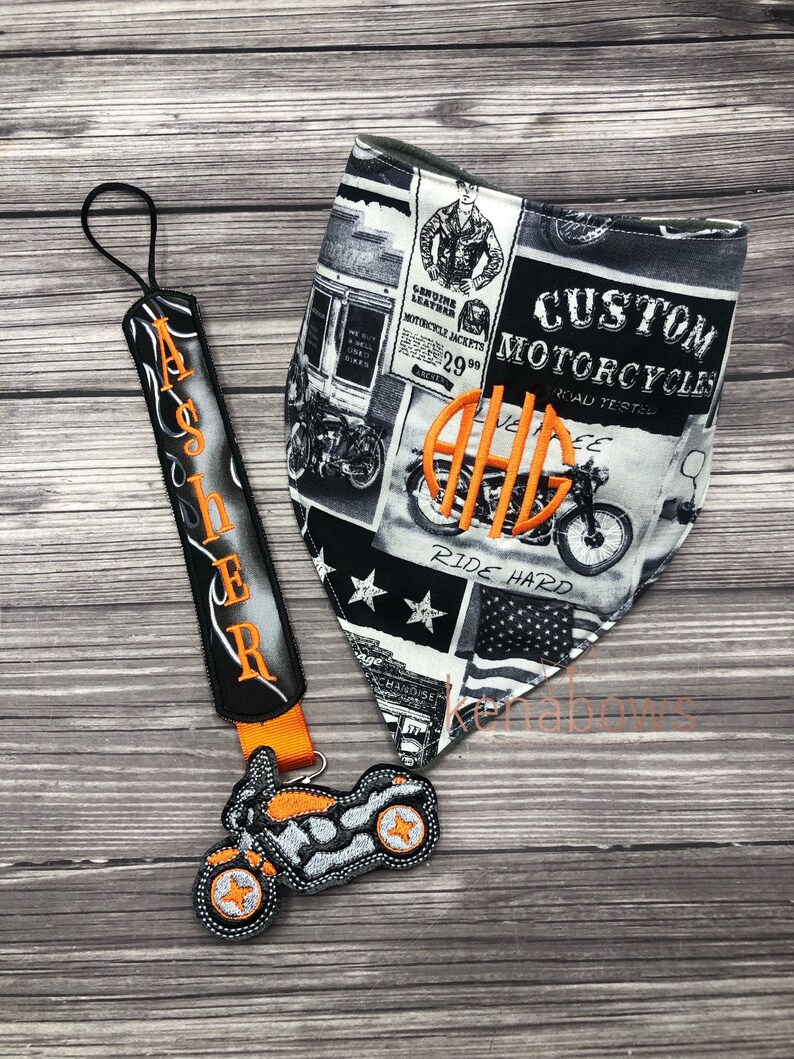 Motorcycle Bandana Bib, Pacifier Clip, Harley Orange, Black, Flames, Baby Boy, Baby Girl, Personalized Binky Holder, Universal Pacifier Keep image 1