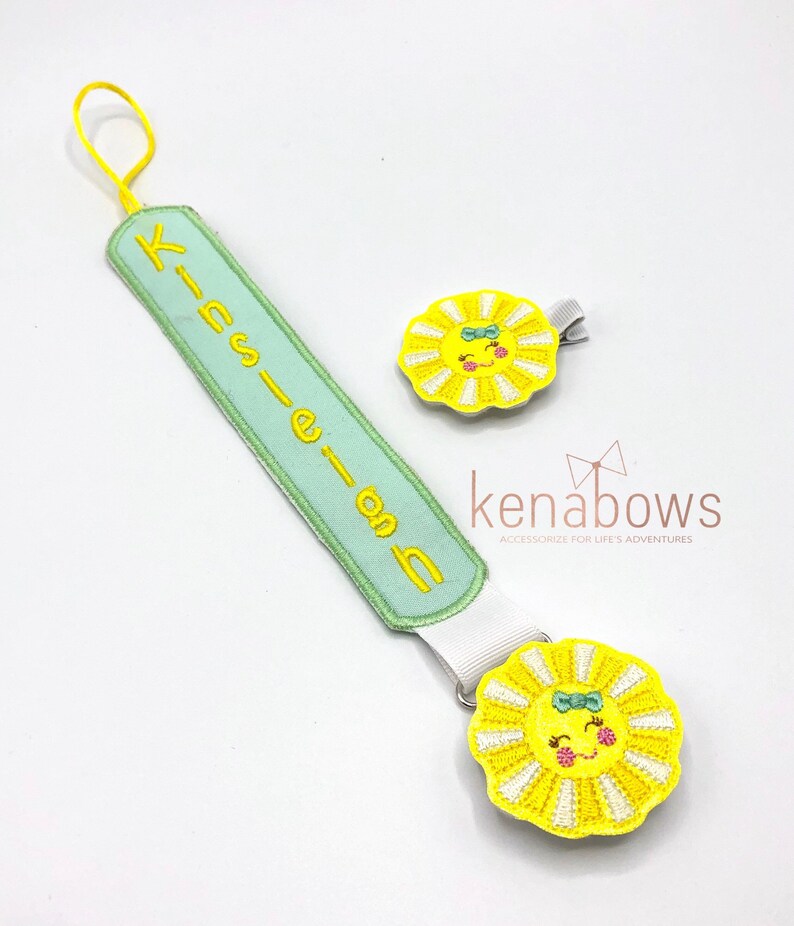 Sunshine Pacifier Clip: Personalized Binky Holder, Baby Girl, Universal Paci Clip, Pacifier Keeper, Pacifier Leash, Mint Green, Yellow image 1