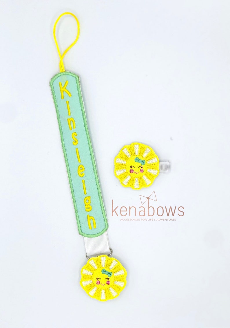 Sunshine Pacifier Clip: Personalized Binky Holder, Baby Girl, Universal Paci Clip, Pacifier Keeper, Pacifier Leash, Mint Green, Yellow image 2
