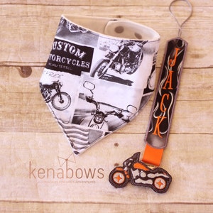 Motorcycle Bandana Bib, Pacifier Clip, Harley Orange, Black, Flames, Baby Boy, Baby Girl, Personalized Binky Holder, Universal Pacifier Keep image 4