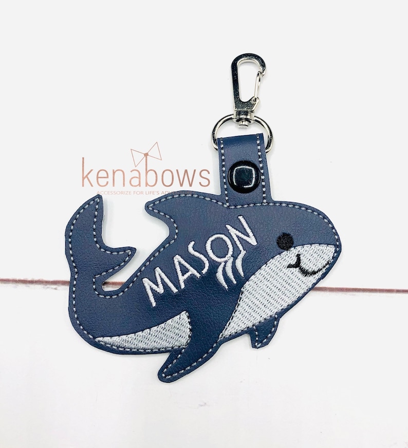 Shark Personalized Name Tag, School Backpack Tag, Blue Shark Snap Tab, Sports Bag Key Fob, Key Chain, Lunch Box Tag, Gym Bag, Diaper Bag Tag image 2