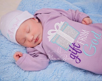 New Baby Gown: Gift from God, Lavender Infant Girl Gown, Newborn Shower Gift, White Personalized Cotton Beanie Hat, Silver, Aqua