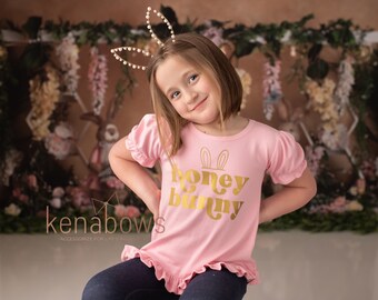 Easter Girl Shirt, Pink, Gold, Honey Bunny, Fabric Cross, Easter Church Outfit, Girl Easter, Spring Ruffle Shirt, Infant, Toddler