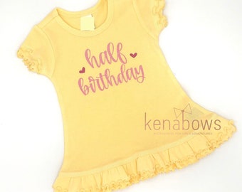 Half Birthday, 1/2 Birthday Baby, 6 month Photo Shoot Outfit, Yellow Ruffle Dress, Cotton Dress, Half Birthday Pink Glitter, READY-to-SHIP