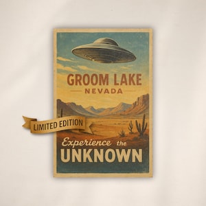 Groom Lake UFO Travel Poster – Area 51 Alien Wall Art – Vintage UAP & NHI Decor – Retro Sci-Fi Print for Conspiracy Theory Collectors Prints