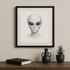 Könnte beinhalten: Eine Schwarzweiß-Bleistiftzeichnung eines grauen Außerirdischen mit großen Augen. Die Zeichnung ist in einem schwarzen Rahmen gerahmt und hängt an einer weißen Wand.