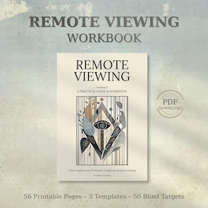 Puede incluir: Un cuaderno de trabajo titulado "Remote Viewing Workbook" con el texto "Remote Viewing" y "A Practical Guide & Workbook". La portada presenta un diseño de ojo con elementos geométricos y botánicos. Incluye 56 páginas imprimibles, 3 plantillas y 50 objetivos ciegos.