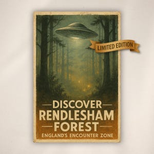 Rendlesham Forest UFO Travel Poster - England Alien Wall Art - Vintage UAP & NHI Decor - Retro Sci-Fi Print for Conspiracy Collectors