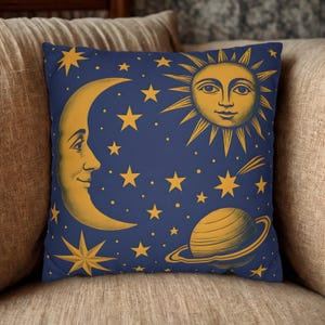 90s Celestial Sun Moon Throw Pillow - Faux Suede Cushion with Stars - Blue Yellow Gold Retro Decor - Boho Nursery or Kids Room Gift Idea