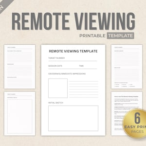 Puede incluir: Plantilla de visualización remota imprimible con seis páginas. La plantilla incluye secciones para el número de objetivo, la fecha de la sesión, la hora, el ideograma y las impresiones inmediatas, y el boceto inicial.