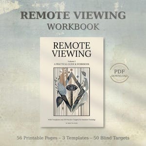 Op de afbeelding: Een crèmekleurig werkboek getiteld Remote Viewing Volume 1 A Practical Guide & Workbook. De omslag bevat een centrale afbeelding van een oog in een ruitvorm, omringd door bladeren en verticale lijnen. Inclusief een PDF download badge.
