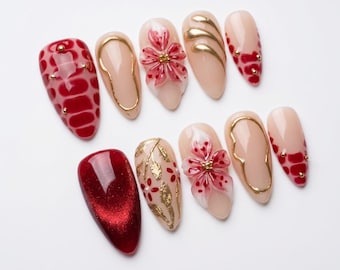Unhas postiças 3D com flores rosa/unhas longas amendoadas/unhas elegantes/unhas olho de gato rosa com glitter/unhas 3D cromadas douradas/unhas de aniversário