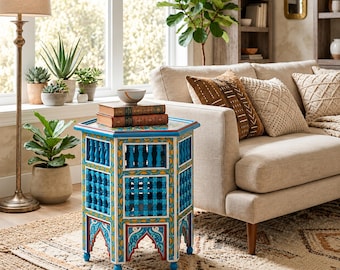 Moroccan Side Table, Hand-Painted Wooden Accent Table in Blue or Black, Decorative Spindle End Table, 45 cm Wide