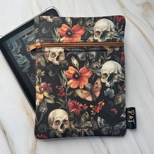 Skull Moth Floral Kindle and E-Reader Pouch, Case, Padded Cotton Sleeve Zipper Closure