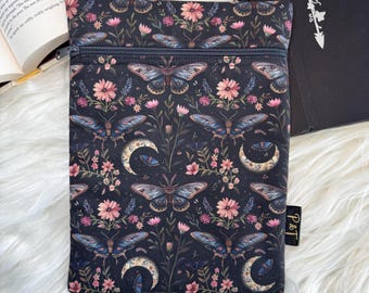Moon and Moth Padded Cotton Book Sleeve | Zippered Tablet Pouch