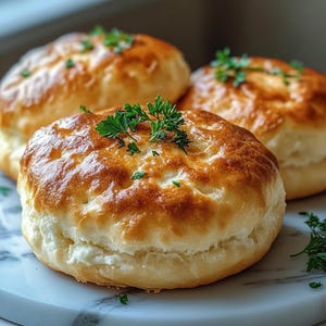 May include: Three golden-brown biscuits, topped with fresh parsley, sit on a marble surface. The biscuits have a flaky, layered appearance and a slightly domed shape. The image is a close-up, highlighting the texture and color of the baked goods.