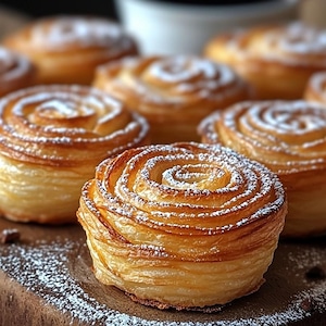 May include: Close-up of six golden brown pastry swirls dusted with powdered sugar. The pastries are arranged on a wooden surface.