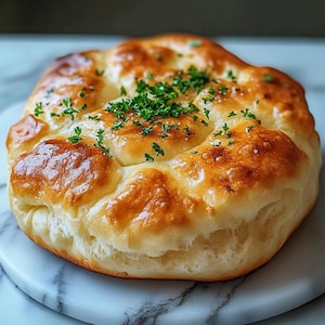 May include: A golden-brown, freshly baked bread roll, topped with chopped green herbs. The bread has a glossy, slightly blistered surface, suggesting a crispy exterior and soft interior. The roll sits on a white marble surface.