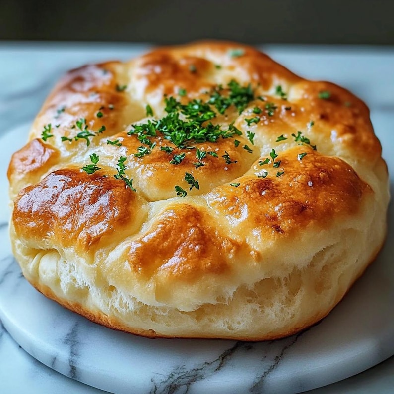 May include: A golden-brown, freshly baked bread roll, topped with chopped green herbs. The bread has a glossy, slightly blistered surface, suggesting a crispy exterior and soft interior. The roll sits on a white marble surface.