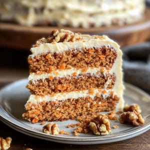 Pode incluir: Uma fatia de bolo de cenoura com cobertura de cream cheese, coberta com uma noz. O bolo tem camadas de bolo úmido, manchado de laranja e cobertura branca. Várias nozes e migalhas de bolo estão espalhadas.