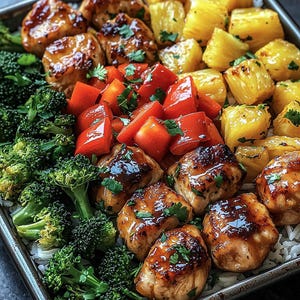 May include: A sheet pan meal with teriyaki chicken, pineapple, red bell peppers, broccoli, and white rice.