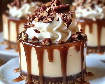 MELHOR RECEITA de Mini Cheesecakes de Tartaruga sem Forno | Download Instantâneo em PDF | Sobremesa Fácil de Chocolate e Caramelo | Cartão de Receita Digital