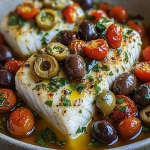 以下が含まれることがあります： 2つの白い魚の切り身に、半分に切ったミニトマト、緑と黒のオリーブ、刻みパセリをトッピングした料理のクローズアップ。魚にはオリーブオイルがかけられており、食欲をそそるプレゼンテーションになっています。おいしい食事です。