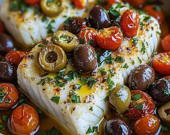 MELHOR RECEITA de Bacalhau Assado Mediterrâneo | Download instantâneo em PDF | Jantar Saudável em uma Panela | Sem Glúten e Sem Lactose | Receita Digital