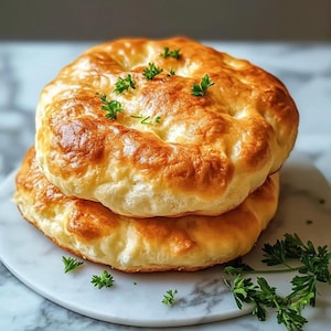 May include: Two golden-brown, round baked goods, possibly bread or pastries, are stacked on a white marble surface. Fresh green parsley sprigs garnish the top. The baked goods have a slightly uneven, textured surface.