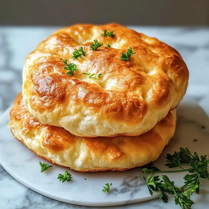 May include: Two golden-brown, round baked goods, possibly bread or pastries, are stacked on a white marble surface. Fresh green parsley sprigs garnish the top. The baked goods have a slightly uneven, textured surface.