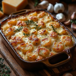 Op de afbeelding: Een aardappelgratin met een goudbruine korst, met lagen gesneden aardappelen en gesmolten kaas. Gegarneerd met verse tijm, wordt het gerecht gepresenteerd in een bruine rechthoekige ovenschaal, met knoflook en kaas op de achtergrond.