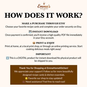 May include: A cream-colored digital product information sheet with the text "HOW DOES IT WORK?" and instructions for purchasing recipe cards on Etsy, instant download, and printing. The sheet includes the Emma's Home Kitchen logo.