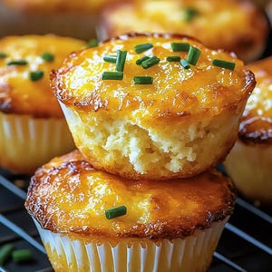 May include: Close-up of golden-brown muffins topped with melted cheese and fresh chives. The muffins are stacked on a wire rack, showcasing their fluffy interior and crispy exterior. A delicious treat.