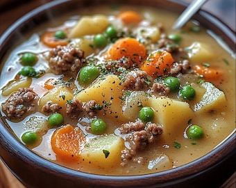 MELHOR RECEITA de Sopa Cremosa de Batata com Hambúrguer | Download Instantâneo em PDF | Comida Caseira Fácil na Panela Elétrica | Cartão de Receita Digital