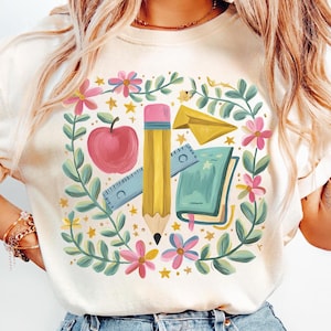 Floral Teacher Pencil PNG, Coquette Teacher Back To School Png, 1st Day Of School Png, Boho Floral Teacher Png, Brushstroke, School Girl Png