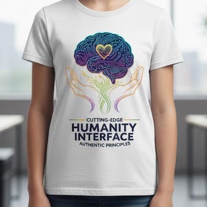 Puede incluir: Camiseta blanca con un diseño gráfico colorido de un cerebro con un corazón, sostenido por manos, y un diseño en forma de árbol. El texto dice "CUTTING-EDGE HUMANITY INTERFACE AUTHENTIC PRINCIPLES".