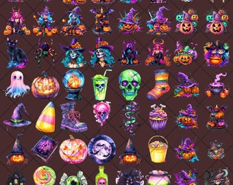 Paquete de imágenes prediseñadas iridiscentes de Halloween: fantasma retro, calabaza PNG (descarga digital)