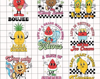 Retro Summer PNG Bundle, Groovy Cartoon Graphics (Digital Download)