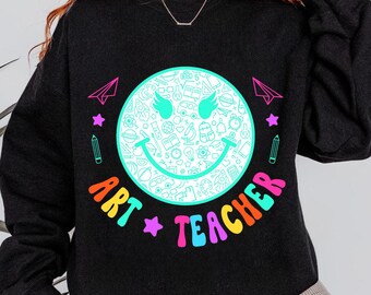 Smiley Art Teacher PNG, Colorful Back To School Shirt Design, Retro Teacher Style, Digital Download, Sublimation Clipart
