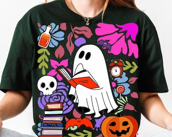 Boho Floral Spooky Librarian Halloween PNG, Retro Library Ghost Sublimation, Cute Teacher Halloween Design, Fall Book Lover Clipart